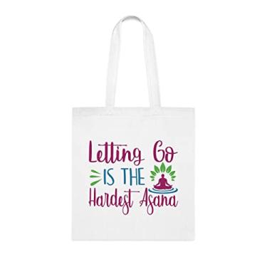 Imagem de Letting Go Is The Hardest Tote Bag Asana, presente divertido, bolsa de ombro, bolsas reutilizáveis, cesta de Natal de aniversário, ideia de presente, Branco