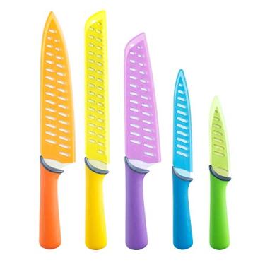 Imagem de GLAD Conjunto de facas para cozinha – facas de chef de aço inoxidável com bainhas | Lâminas coloridas afiadas com alças antiderrapantes | Itens essenciais de cozinha antiaderentes sortidos para casa