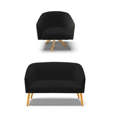 Imagem de Kit 1 Namoradeira E 1 Poltrona Base Madeira A79 Preto