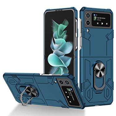 Imagem de zhouye Capa de telefone militar para Samsung Galaxy Z Flip 4, suporte de anel giratório de 360° integrado magnético com tudo incluído capa à prova de choque para PC, azul