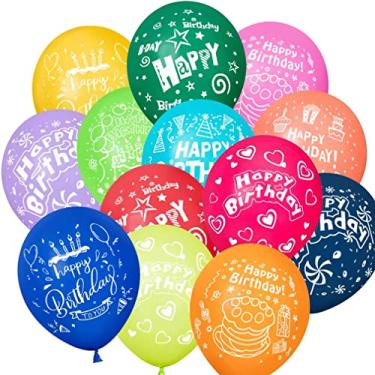 Imagem de Balões de látex coloridos com "Happy Birthday" impressos para decoração de festa de aniversário de crianças