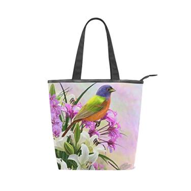 Imagem de Bolsa feminina de lona durável pequena pássaro branco lírios flores rosa grande capacidade sacola de compras bolsa de ombro