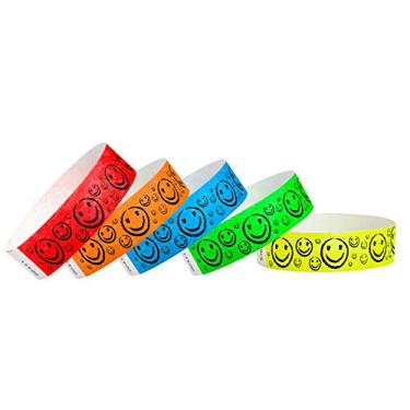 Imagem de Pulseiras 500 Wristco Tyvek Smiley Face Sorridente Pacote Variado - 25,4 cm x 25,4 cm - Pulseiras de Papel Impermeáveis, Recicláveis, Confortáveis, Resistentes a Rasgos para Eventos, Concertos,