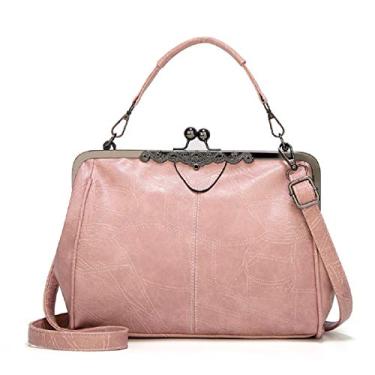 Imagem de YOUNXSL Bolsa feminina retrô oca de couro PU com cera de óleo, várias colocações, bolsa carteiro Kiss Lock, rosa, One Size