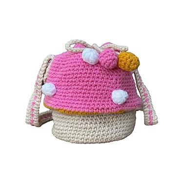 Imagem de XIAYUPAGU Bolsa de malha feita à mão com estampa de cogumelo de lã para mulheres, bolsa tiracolo com cordão, rosa
