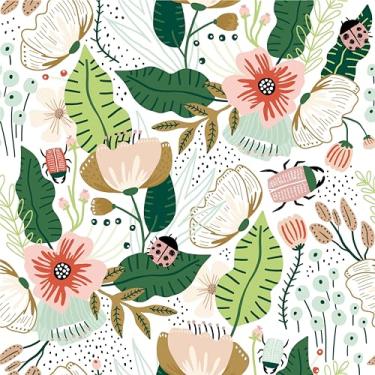 Imagem de Papel de parede de flores de pêssego de desenho animado de 45 x 299 cm rosa fresco floral folha verde papel de parede DIY autoadesivo à prova d'água natureza flor floresta murais de papel de parede