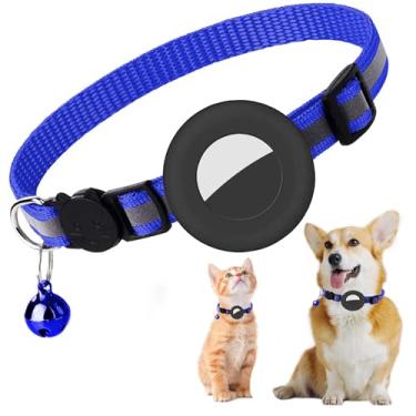 Imagem de MOOB Coleira Airtag para cães pequenos e gatos, coleira refletiva de poliéster para cães e gatos com sino e manga de silicone, alça de nylon ajustável, suporte para Apple Air, 20 g (azul royal, 20 cm
