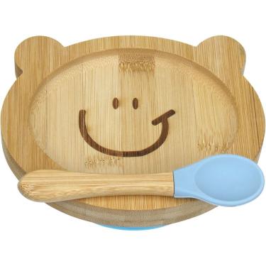 Imagem de PRATO INFANTIL CRIANÇA BEBÊ COM COLHER E VENTOSA HOME&CO URSINHO BAMBU 3x16x13cm NATURAL