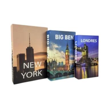 Imagem de Genérico - Conjunto de 3 Caixas Livro Fake Decorativas para Decoração de Casa, Sala, Quarto, Porta Objetos Premium (New York) - Elegante - 27.1 cm x 5.5 cm x 17.3 cm