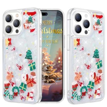 Imagem de Capa de Natal líquida com glitter para iPhone 16 Pro Max padrão de Natal Papai Noel rena boneco de neve design de férias flutuante em movimento brilhante brilhante glitter transparente para iPhone 16