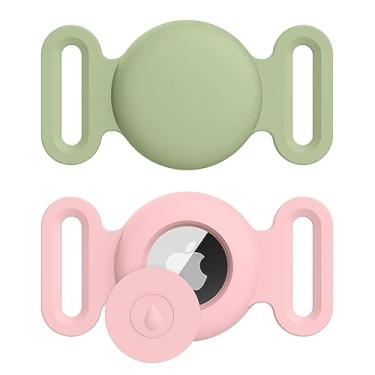 Imagem de Suporte para coleira de cachorro Air Tag, pacote com 2 acessórios de rastreamento GPS antiperda de silicone para coleiras de cães e gatos (rosa + matcha, grande)