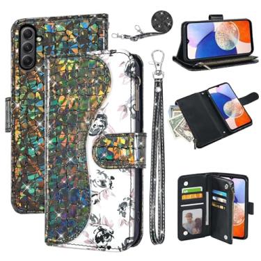 Imagem de Dibosom Capa carteira floral para Samsung Galaxy A05s/A05 com alça de pulso alça de ombro flip zíper bolsa porta-cartão, suporte de couro PU de luxo com glitter brilhante capa de telefone para Ao5s