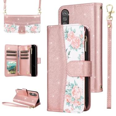 Imagem de Furiet Capa carteira floral para LG Velvet 5G/LGVelvet Verizon G5 UW T-Mobile 2020 com fecho de correr, alça de ombro, suporte de cartão com glitter, capa para celular LM G900UM 4G Tmobile ouro rosa