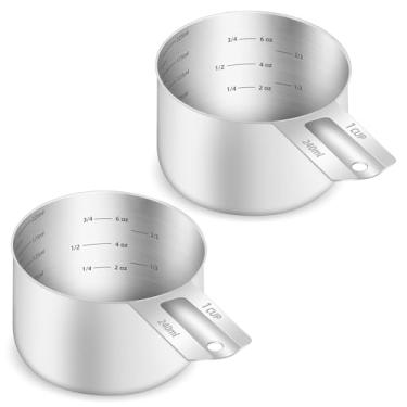 Imagem de BERYLER 2 peças 1 xícara (240 ml | 240 cc | 227 g) copo medidor, copos de medição de aço inoxidável com várias escalas internas, copo de medição de metal, utensílios de cozinha para cozinhar