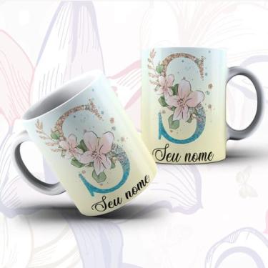 Imagem de Caneca Porcelana Alfabeto Floral Glitter Personalizada Com Inicial E N