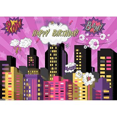 Imagem de Cenário de fotografia temática de super cidade desenho 7x5 Mulher Maravilha Super-herói Aniversário Festa Fundo para Menina Rosa Noite Cidade Vinil Cenários para Chá de Bebê