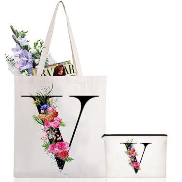 Imagem de Andeiltech Sacola de lona com inicial, estampa floral, bolsa de maquiagem personalizada com monograma, presente para damas de honra, aniversário e casamento, Letra Floral_v, Large