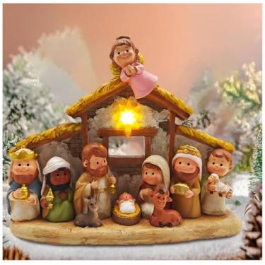 Imagem de MeritMode Conjunto de presépio de Natal com bebê Jesus na manjedoura, conjunto de presépio para pessoas pequenas com luzes LED, conjuntos de presépio para Natal interno, mini estatuetas decorativas de