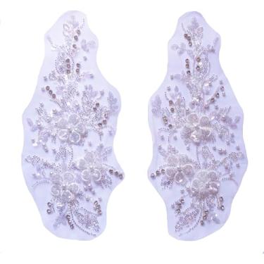 Imagem de KERLAP 2 apliques de contas, apliques de renda bordados com flores de lantejoulas 3D, aplique de strass feito à mão para acessórios de roupas (branco)
