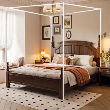 Imagem de Moldura de cama de dossel de aço inoxidável, tamanho solteiro, estrutura de dossel de metal resistente para cama de metal, decoração de quarto de madeira, branca