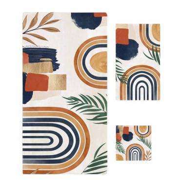 Imagem de Conjunto de 3 toalhas de banho Boho, folha abstrata, folha de palmeira, arte geométrica, toalha de banho, toalha de banho, toalha de mão, conjunto de toalhas decorativas com tema boho para praia,