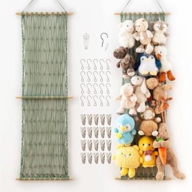 Imagem de Pretty Jolly Rede de armazenamento suspensa de algodão de 119 cm para animais de pelúcia com 20 clipes de metal, organizador de brinquedos de pelúcia, pequeno organizador de brinquedos para quarto de