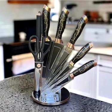 Imagem de Jogo de Facas de Cozinha em Aço inox com 8 Peças Preto Kit com Tesoura Afiador e Suporte Conjunto de Facas para Corte Profissional e Doméstico de Carnes Legumes e Utensílios em Inox (BRANCO)