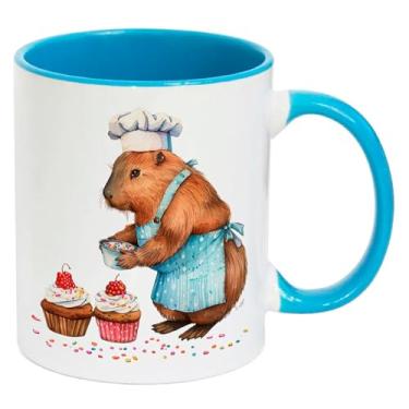 Imagem de Caneca Branca Interna Alça Azul Claro Porcelana - CAPIVARA MAMAE BOLO 2