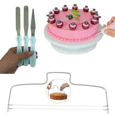 Imagem de Kit Confeiteiro: Bailarina Prato Suporte Giratório + Cortador Nivelador de Bolo + Espátulas Reta Angular (Azul Claro)