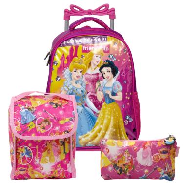 Imagem de Kit Mochila Escolar Infantil Rosa Princesas de Rodinhas