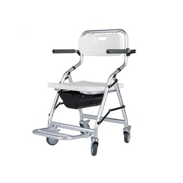 Imagem de WUHUQN Cadeira de chuveiro dobrável de alumínio portátil, cadeira de banho/vaso sanitário, cadeira dobrável de cabeceira com rodas, apoios de braços dobráveis e apoios para os pés