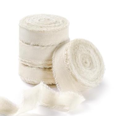 Imagem de FAKILO Fita de algodão rústico natural com borda desgastada, fita 100% algodão nude 100 cm x 24 m para buquês de casamento vintage, convites, chá de bebê, embrulho de presente, artesanato DIY