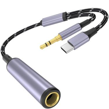 Imagem de Adaptador de fone de ouvido USB tipo C para 1/4, USB C e cabo de áudio TRS de 3,5 mm para 6,35 mm, conector estéreo, adaptador auxiliar de áudio compatível com amplificadores, mixer, home theater,