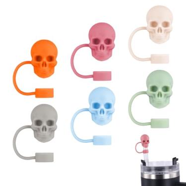 Imagem de 6 peças de tampas de canudo de caveira, abertura de 1 cm, tampas de silicone premium, com tema de Halloween, protetores fofos em forma de caveira, acessórios compatíveis com copo Stanley Cup de 30 e