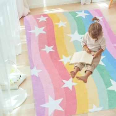 Imagem de Lacomfy Tapete infantil arco-íris estrelas tapete de brincar para quarto de meninos e meninas, tapete colorido para sala de estar, lavável, rosa, amarelo, azul, listras, tapete para sala de jogos,