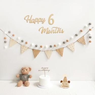 Imagem de Faixa Happy 6 Meses Flâmula Pré-amarrada de Tecido de Feltro Bandeiras e Grinalda de Pompom, Chapéu de Festa para Decorações de Meio Aniversário, Placa reutilizável Half Way to One Bunting para