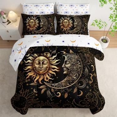 Imagem de AILONEN Jogo de edredom queen com sol e lua, cama macia de 7 peças em uma bolsa, mandala preta e dourada Boho e lençol de cima, 2 fronhas, 2 fronhas para quarto