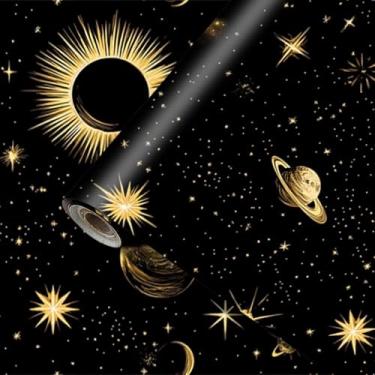 Imagem de HOMETITUTE Papel de parede estrelas, lua, planetas, fundo preto, papel de contato autoadesivo removível para bancada, armário, decoração de parede de casa, 39,9 x 100 cm
