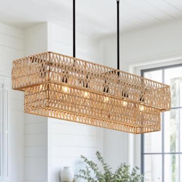 Imagem de InterMaka Lustre De Vime Trançado À Mão De 33,5" Com 6 Luzes Para Sala De Jantar, Lustre Linear Boho De 2 Camadas, Luminária Pendente Retangular Estilo Fazenda Para Cozinha, Ilha, Bar, Sala De Esta