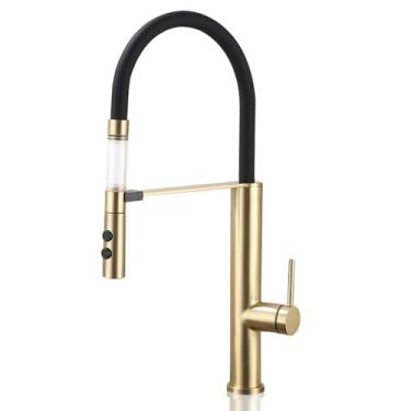 Imagem de Torneiras de cozinha Pulverizador de puxar para baixo com elemento de filtro universal Torneira de pia de fazenda de aço inoxidável industrial comercial, torneira de cozinha dourada escovada com