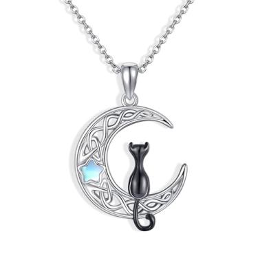 Imagem de JERWLI Colar de gato para mulheres, prata esterlina 925, pedra da lua, colar com pingente de gato preto, joias para animais de estimação, presente para mulheres amadas