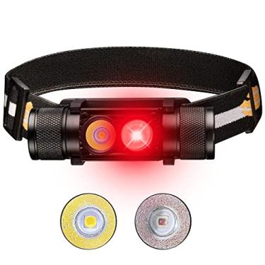 Imagem de Lanterna de cabeça vermelha recarregável LED, 77outdoor D25LR Lanterna de cabeça leve e poderosa com luz branca brilhante de alta CRI de 90 e luz vermelha profunda de 660nm, carregamento USB para camping, caminhadas, caça