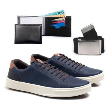 Imagem de Kit Tenis Casual Masculino Com Carteira Cinto Sapatenis De Amarrar Confortavel Leve Macio (Azul Marinho, BR, Adulto, Numérico, 38)