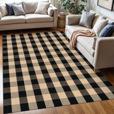 Imagem de KOZYFLY Tapete xadrez Buffalo 1,5 x 1,8 m, marrom e preto, lavável, para pátio ao ar livre, tapetes de algodão para sala de estar, sala de jantar, quarto, casa de fazenda