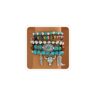 Imagem de ANGLEQUEEN Pulseiras femininas boho ocidentais modernas para concertos country pulseiras com contas turquesa caubói chique joias acessórios de moda, 7.5, Madeira, Sem Pedra Preciosa