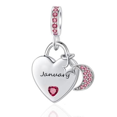 Imagem de QeenseKc Pingente de lua e estrela com pingente de coração com pedra do mês de nascimento Jan compatível com pulseira Pandora feminina