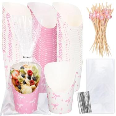 Imagem de FYSUIMU Conjunto de 50 copos de charcutaria de laço com sacos de palitos laços torcidos rosa branco suporte de copo de batatas fritas descartáveis para casa cozinha casamento aniversário chá de bebê