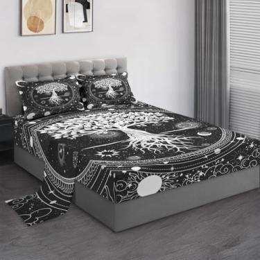 Imagem de Pamnest Jogo de lençol Queen, árvore da vida gótica preta, microfibra macia, 4 peças, decoração de quarto de crianças e adultos, lençol com elástico e 2 fronhas