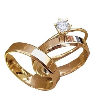 Imagem de Par Aliança e Anel Solitário 4MM Noivado Casamento compromisso 100% em moeda cor de ouro 18k (28-29)