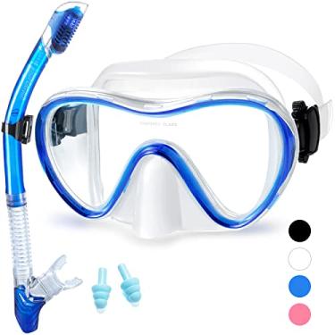 Imagem de Conjunto de snorkel Supertrip para adultos, película antiembaçante, máscara de mergulho, resistente a impactos, vidro temperado panorâmico, fácil de respirar, antivazamento, seco, pacote de snorkel com capa à prova d'água e bolsa de transporte, Azul